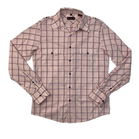 Ben Sherman Shirt Mens M Medium Pink Purple Button Up Windowpane Plaid Cotton - Picture 1 of 13